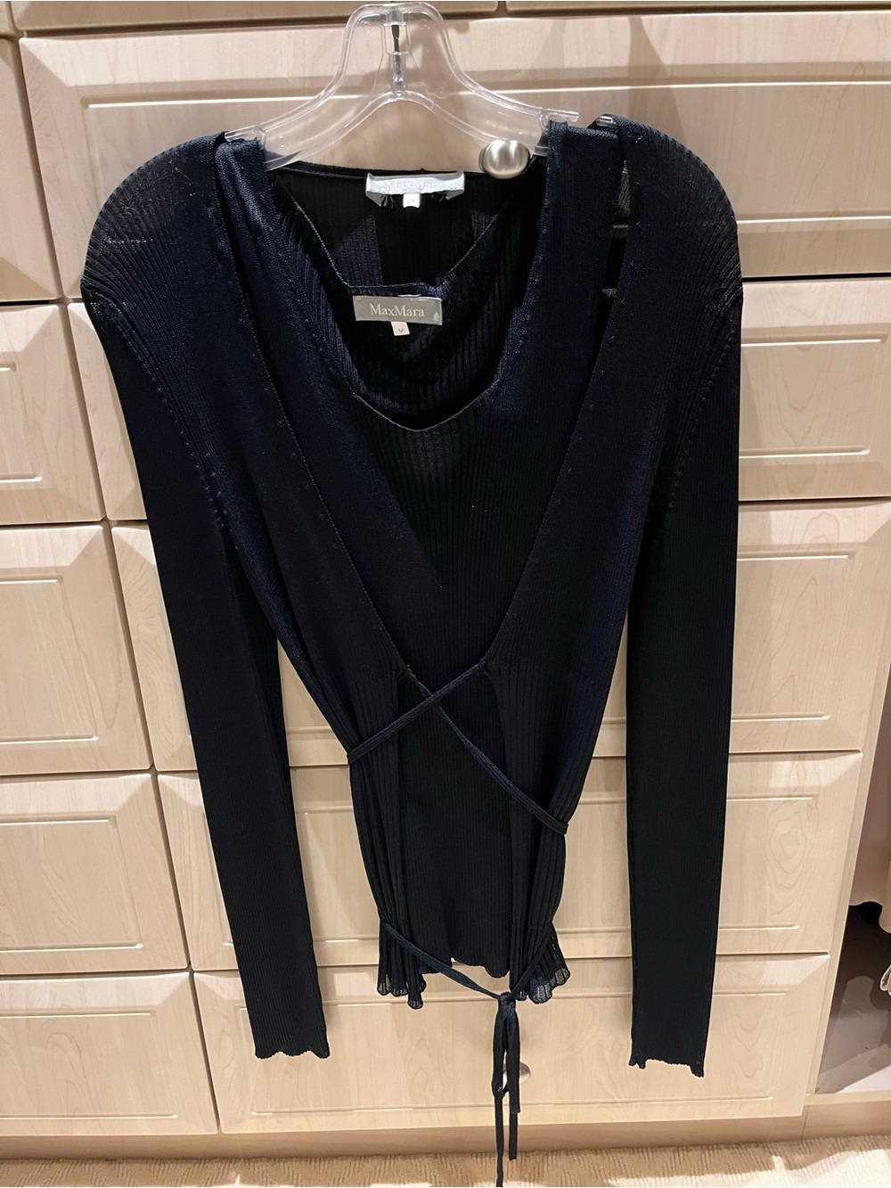 MaxMara Black Ribbed Wrap-Front Long Sleeve twin set. Cardigan & tank top.